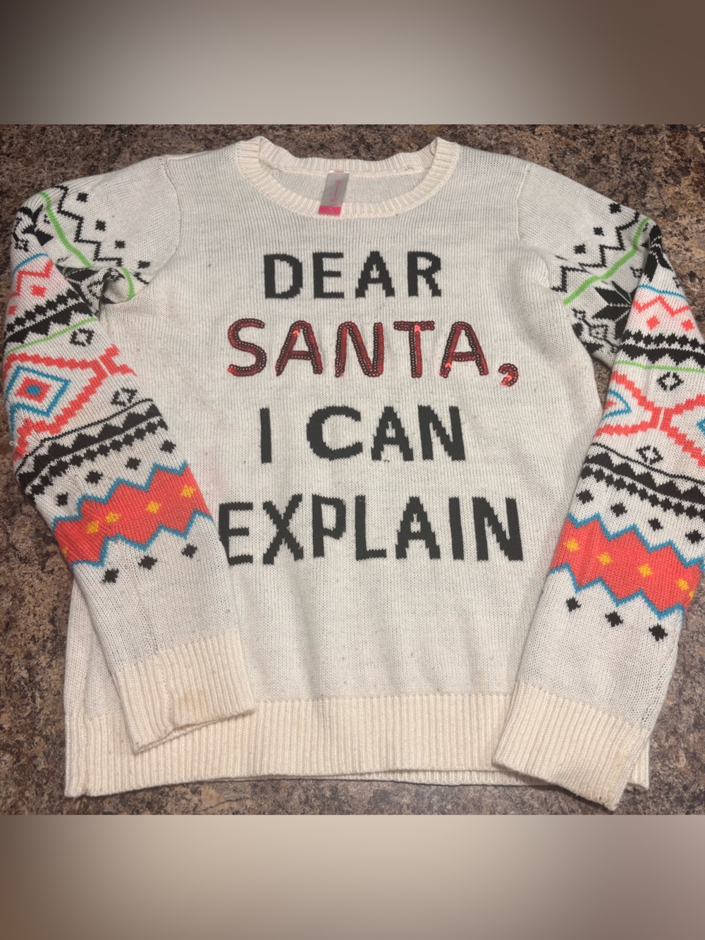 No Boundaries Cream Holiday Sweater with Multicolor Pattern